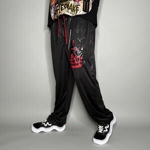 Vintage Y2K Darth Vader Sweatpants Mens L Baggy Fit Jet Black All Over Print Red